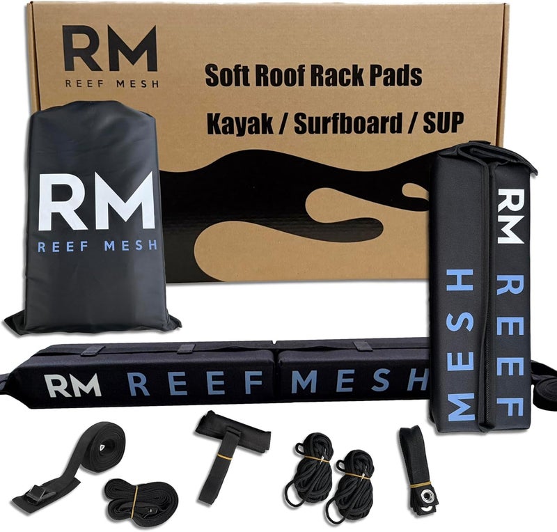 REEF MESH Universal Soft Roof Rack Pads for Kayak, SUP, Canoe & Surfboard – Waterproof Anti-Wick Straps, Extra-Wide Car Roof Carrier with Non-Slip Buckles – Fits Cars, SUVs & Vans - Image 1